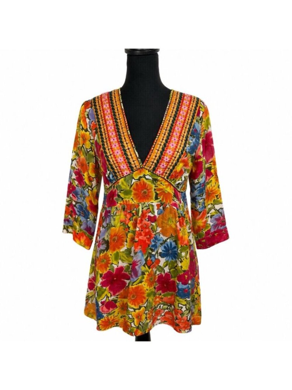 Johnny Was Floral Rayon Embroidered V Neck tunic top Blouse XS Baby Doll READ